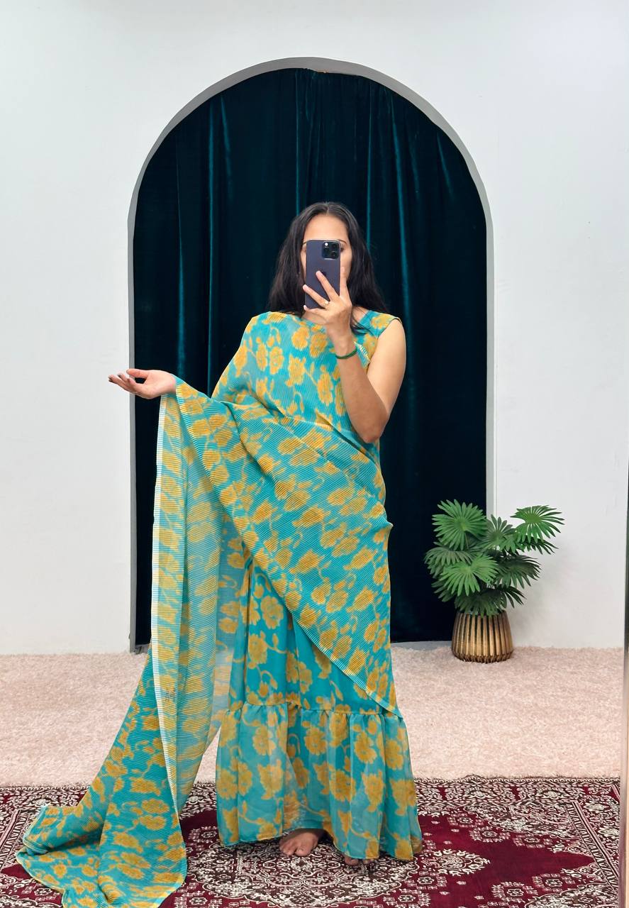 Aqua Green Digital Print Gown With Crush Saree Style Dupatta