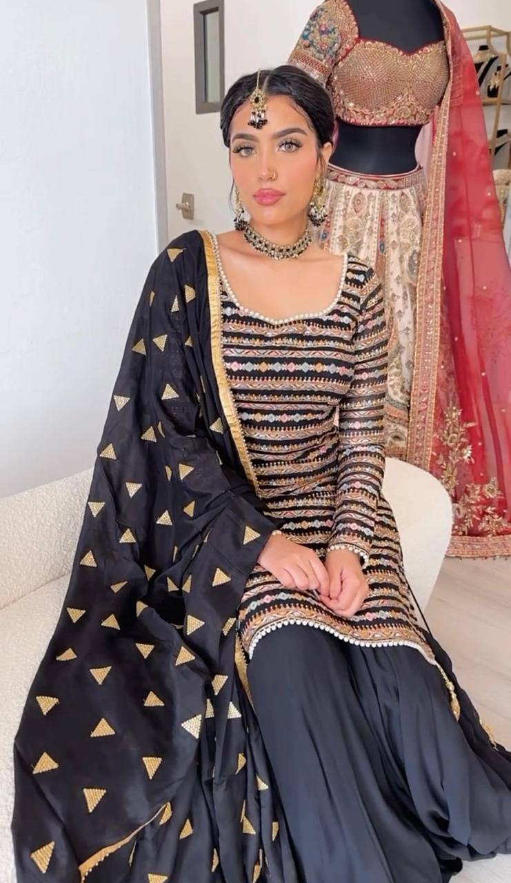 Multi Thread Work Black Top With Plain Sharara Suit