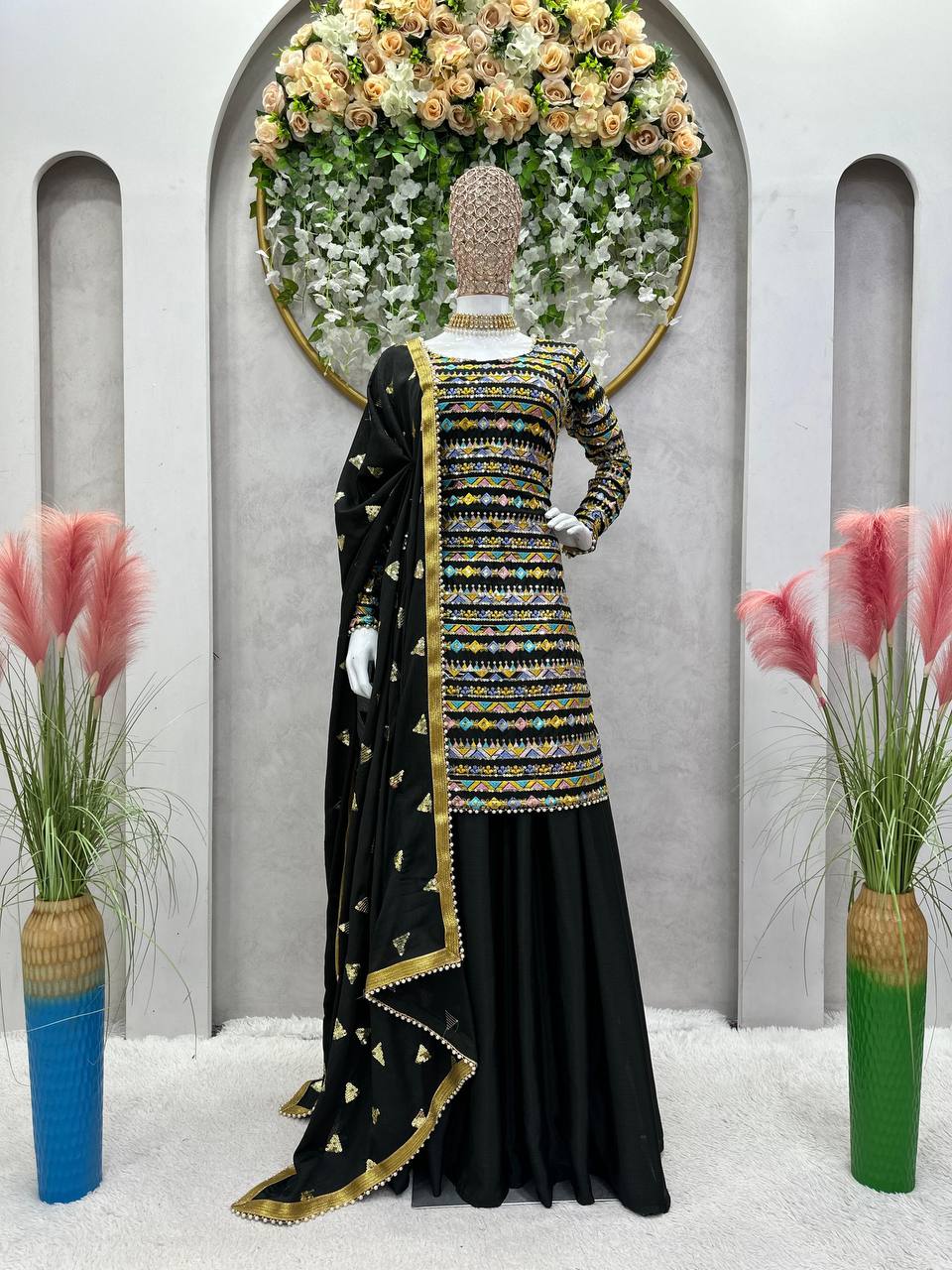 Multi Thread Work Black Top With Plain Sharara Suit