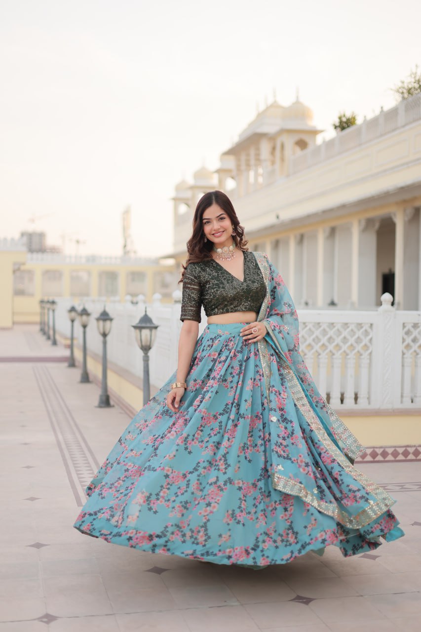 Sky Blue Digital Printed Lehenga With Sequence Work Blouse