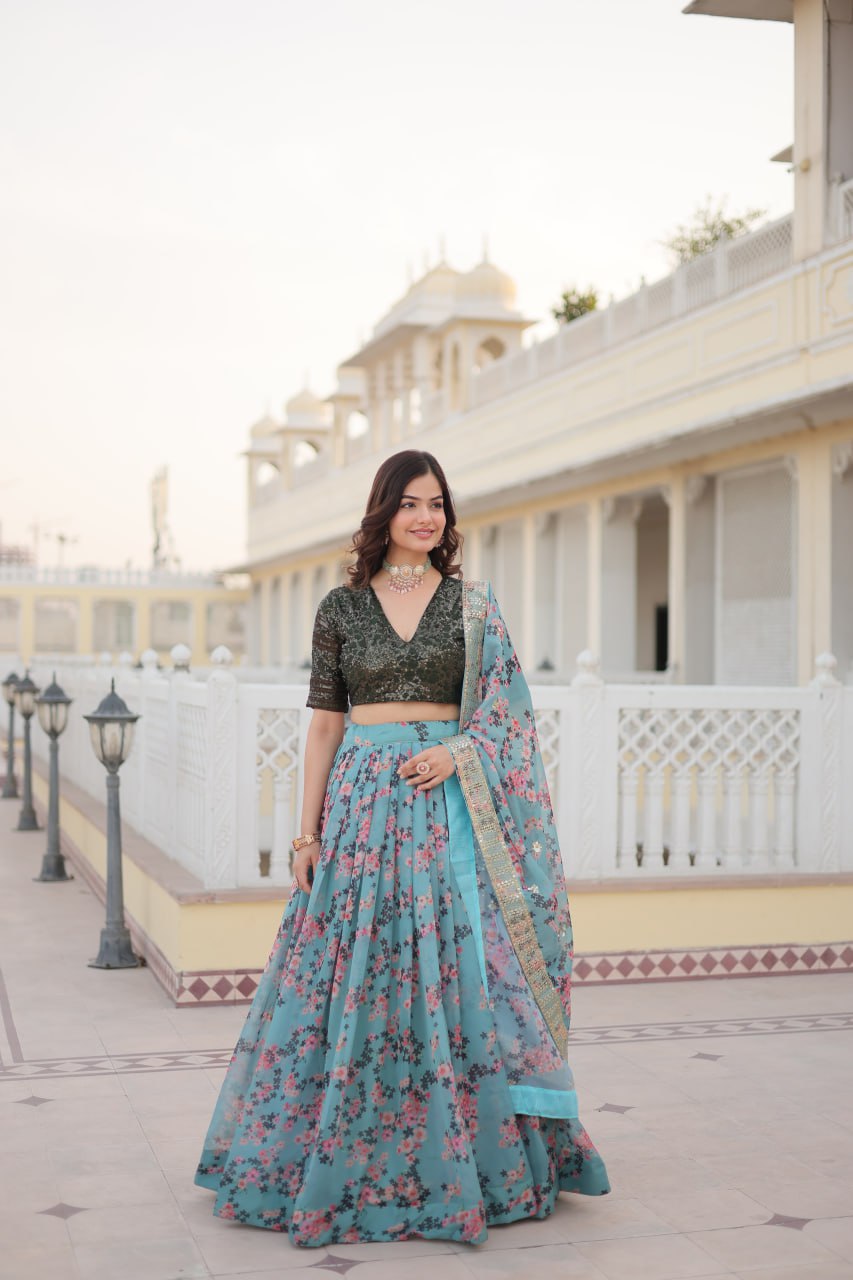 Sky Blue Digital Printed Lehenga With Sequence Work Blouse