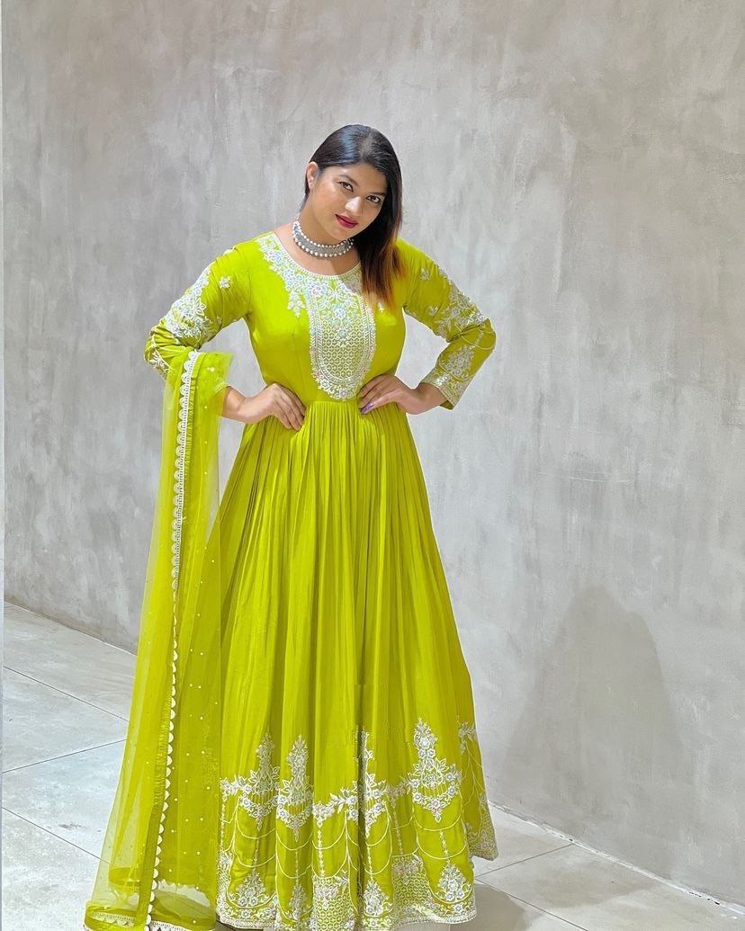 Lemon Yellow Sequence Embroidery Work Anarkali Gown