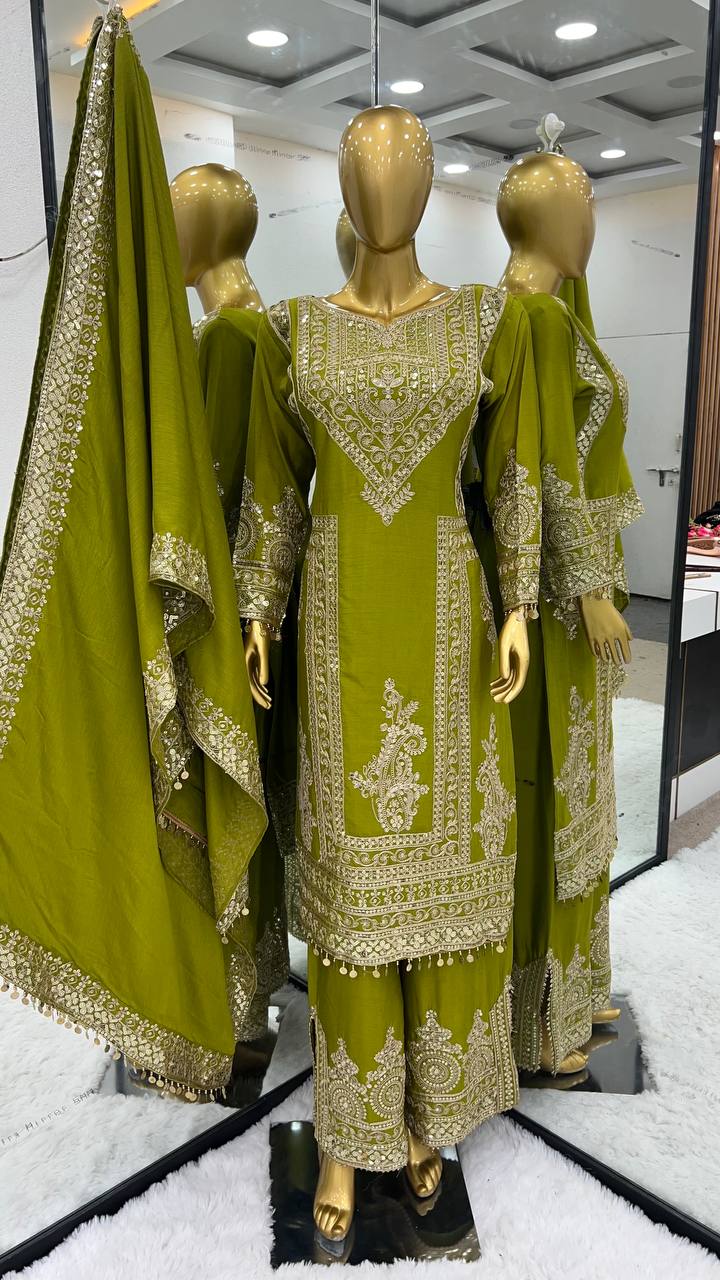 Mehndi Color Marvelous Embroidery Work Palazzo Suit