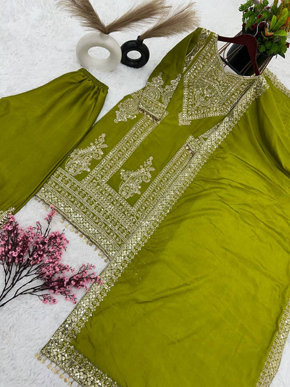 Mehndi Color Marvelous Embroidery Work Palazzo Suit