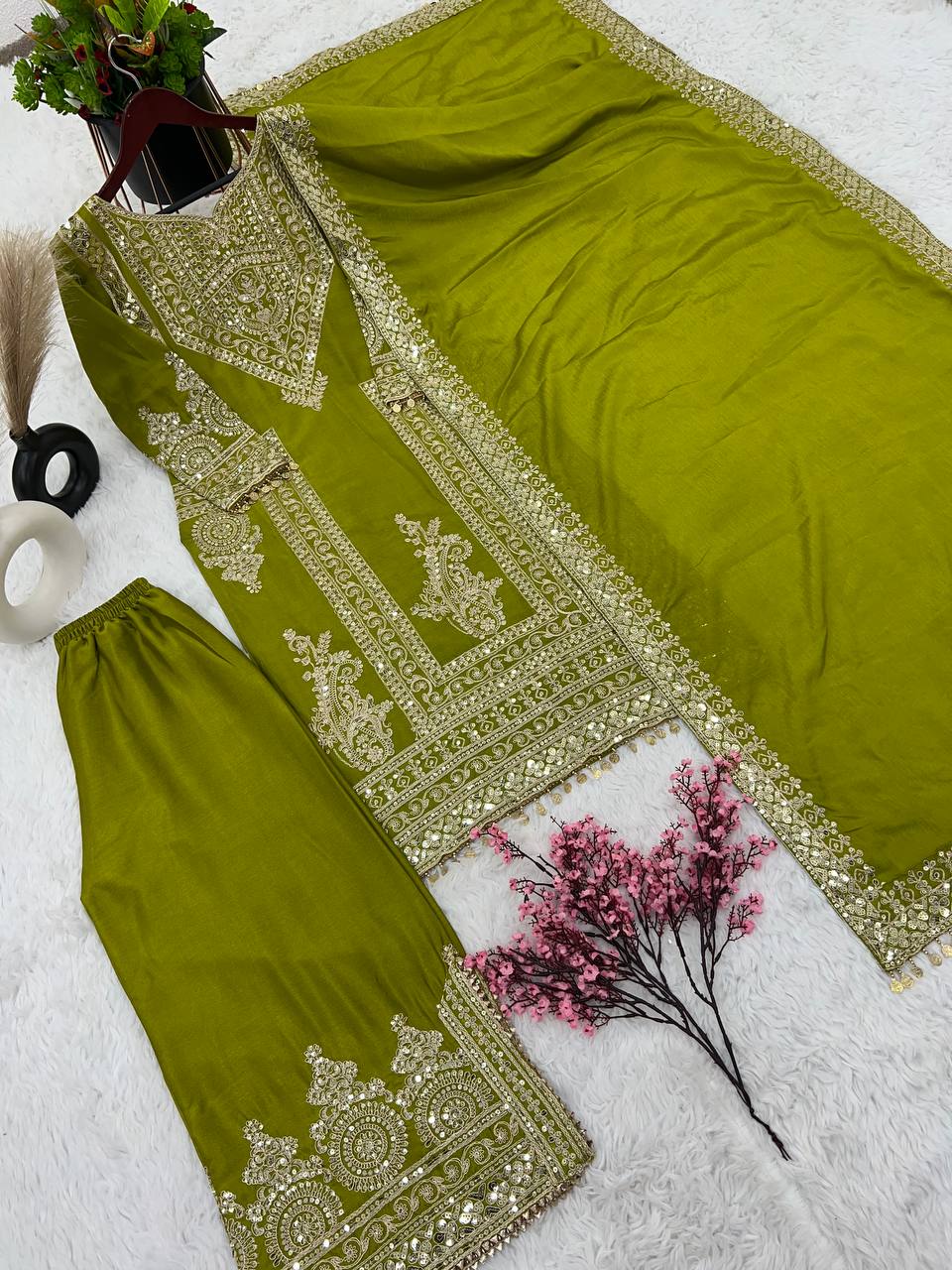 Mehndi Color Marvelous Embroidery Work Palazzo Suit