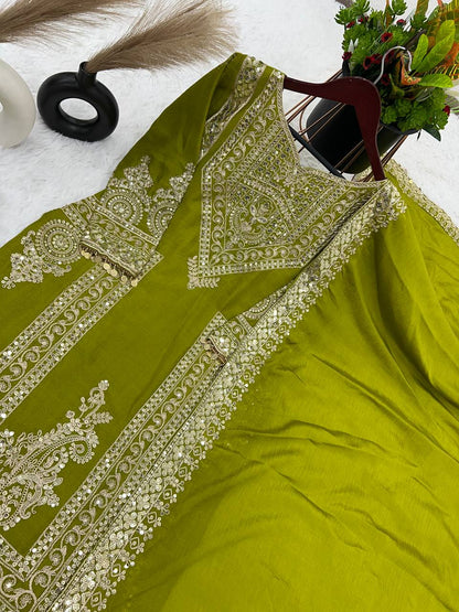 Mehndi Color Marvelous Embroidery Work Palazzo Suit