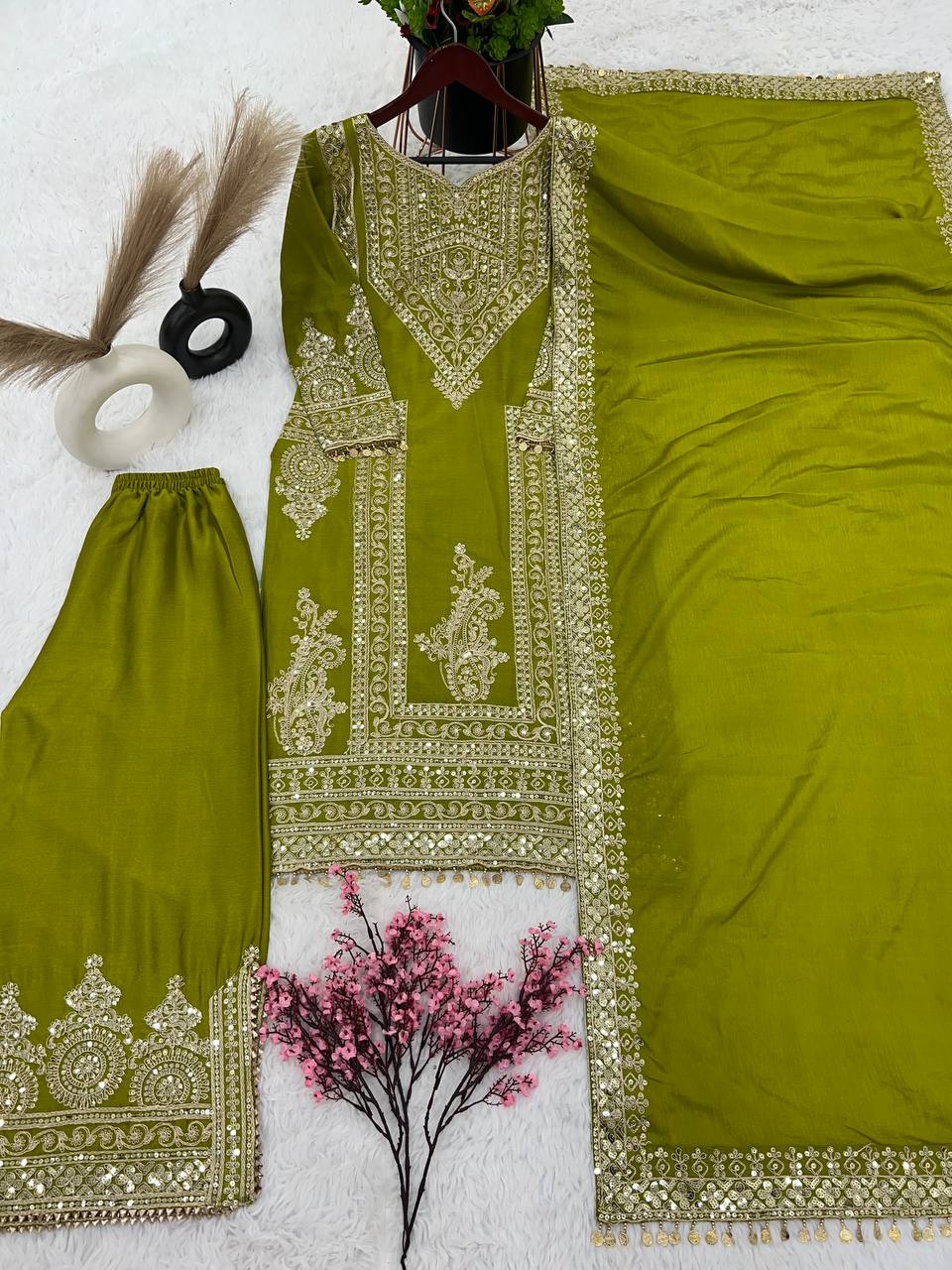 Mehndi Color Marvelous Embroidery Work Palazzo Suit