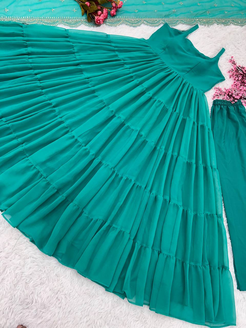 Beautiful Aqua Blue Color Ruffle Flair Anarkali Gown