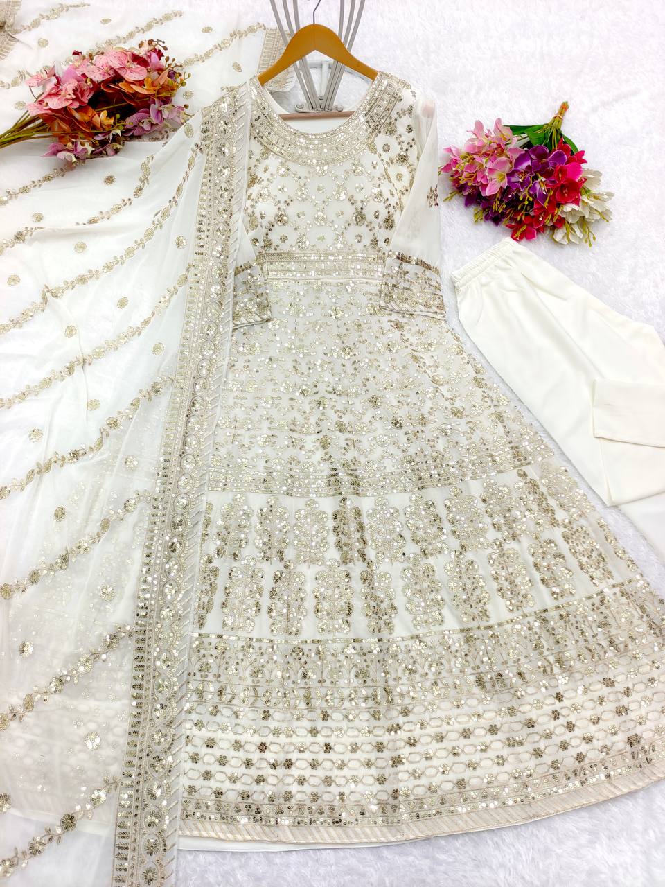 White Embroidery Work Long Anarkali Suit