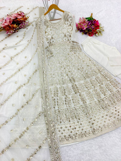 White Embroidery Work Long Anarkali Suit