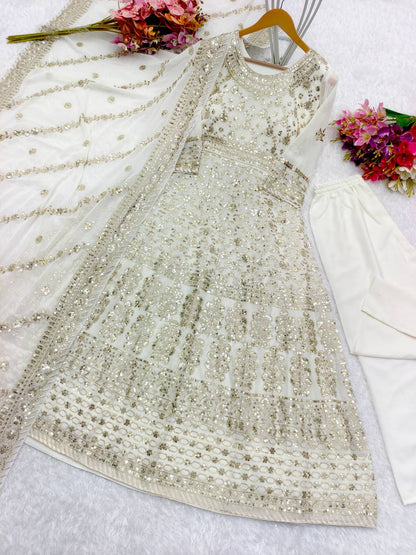 White Embroidery Work Long Anarkali Suit