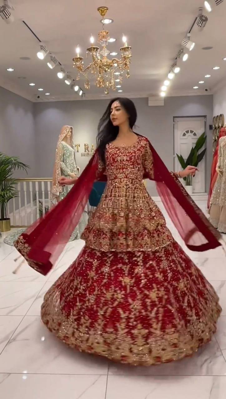 Pakistani Style Red Color Sequence Work Lehenga With Top