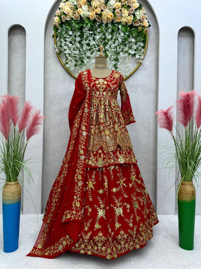 Pakistani Style Red Color Sequence Work Lehenga With Top