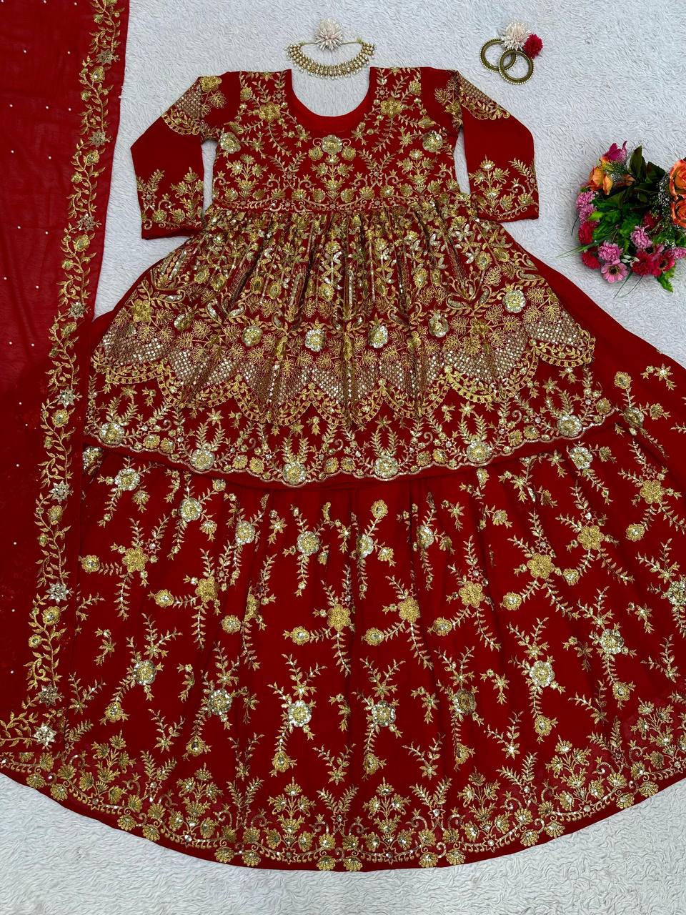 Pakistani Style Red Color Sequence Work Lehenga With Top