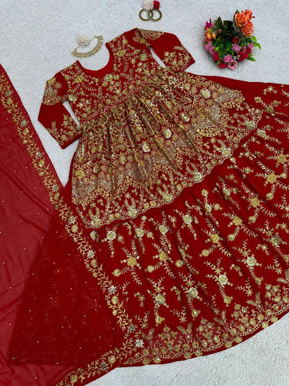 Pakistani Style Red Color Sequence Work Lehenga With Top