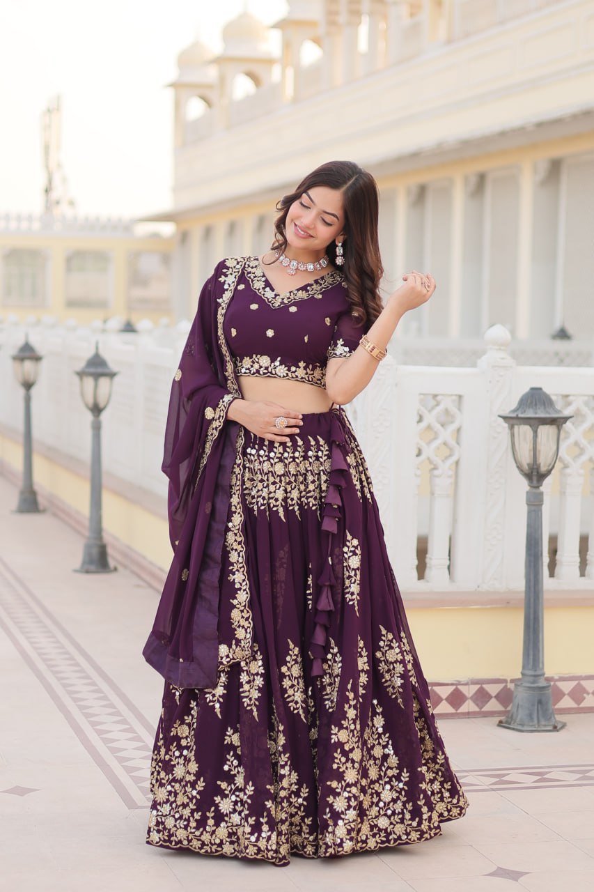 Marriage Special Embroidered Work Purple color Lehenga Choli