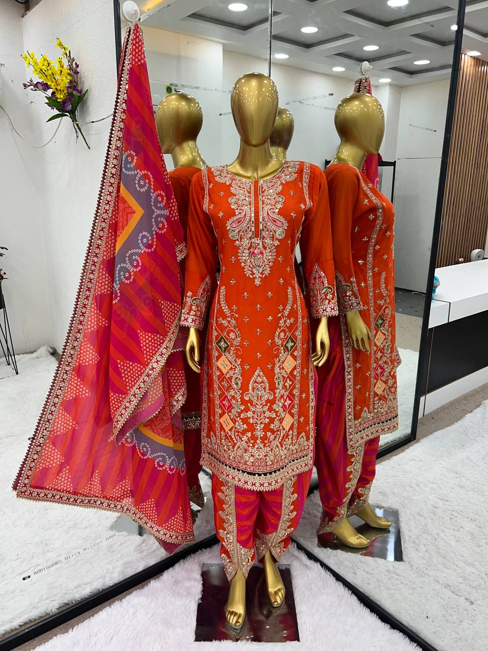 Heavy Sequence Work Orange Kurti With Printed Dhoti Set