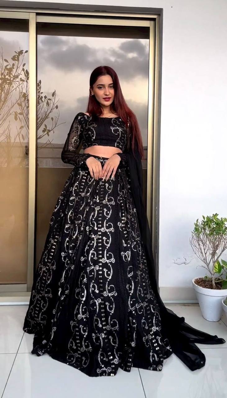 Beautiful Attentive Georgette Work Black Colour Lehenga Choli