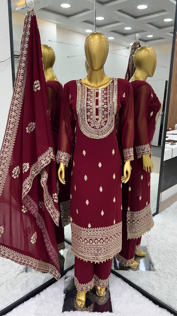 Amazing Embroidery Sequence Work Maroon Color Palazzo Suit