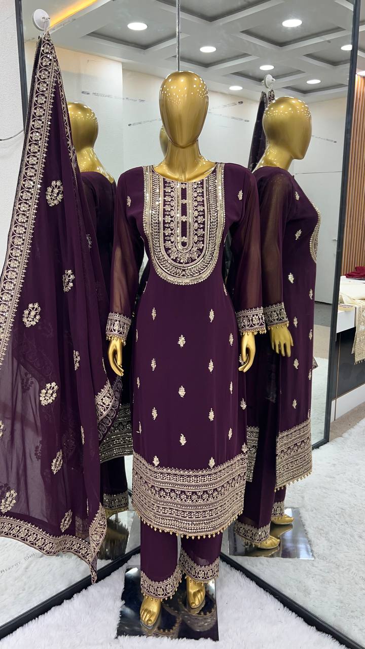 Amazing Embroidery Sequence Work Purple Color Palazzo Suit