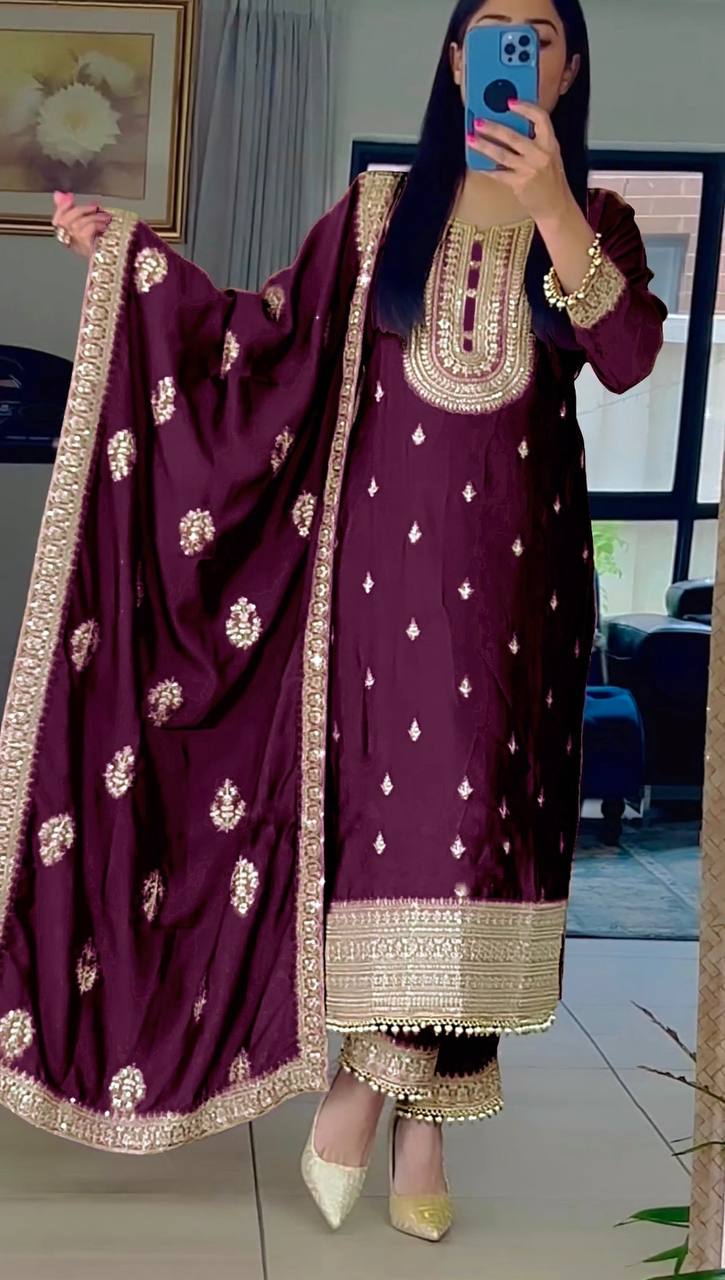 Amazing Embroidery Sequence Work Purple Color Palazzo Suit