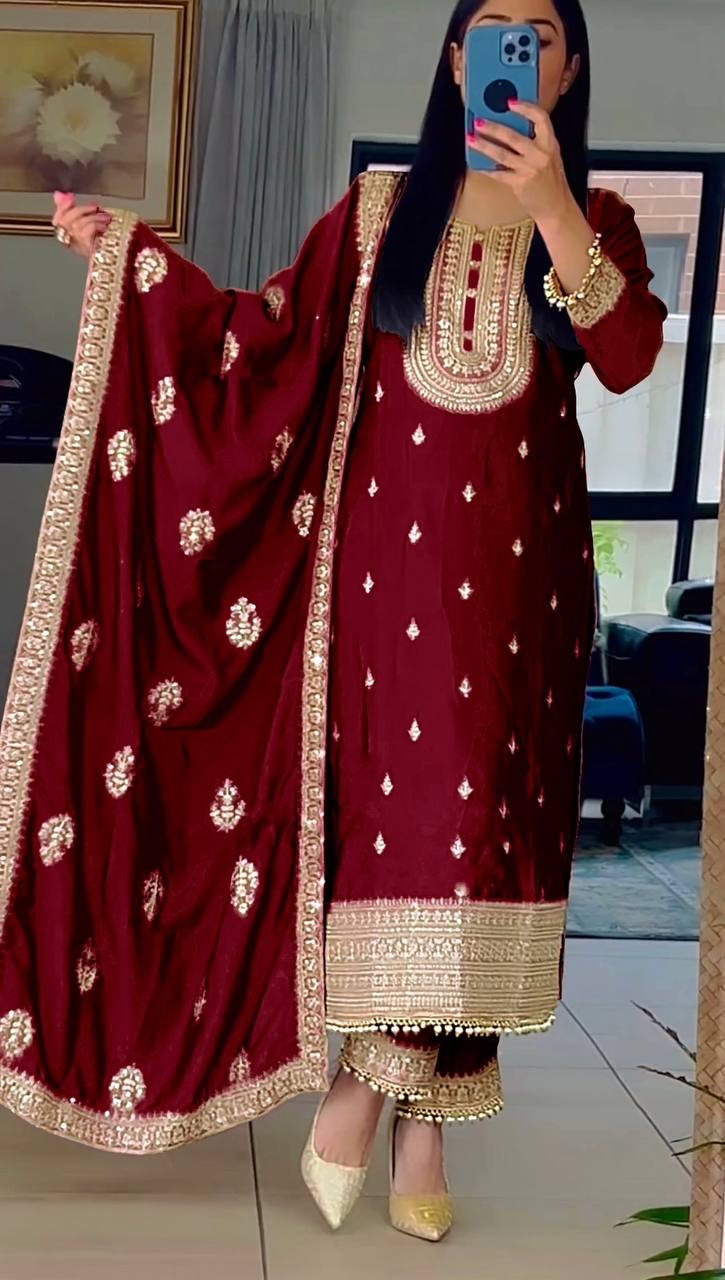 Amazing Embroidery Sequence Work Maroon Color Palazzo Suit