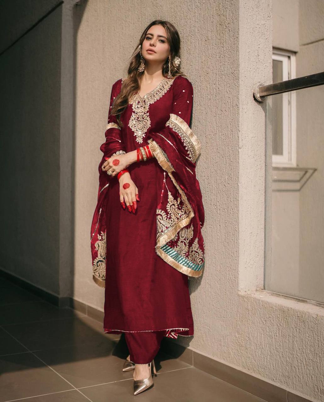 Presenting Maroon Palazzo Suit With Heavy Work Dupatta