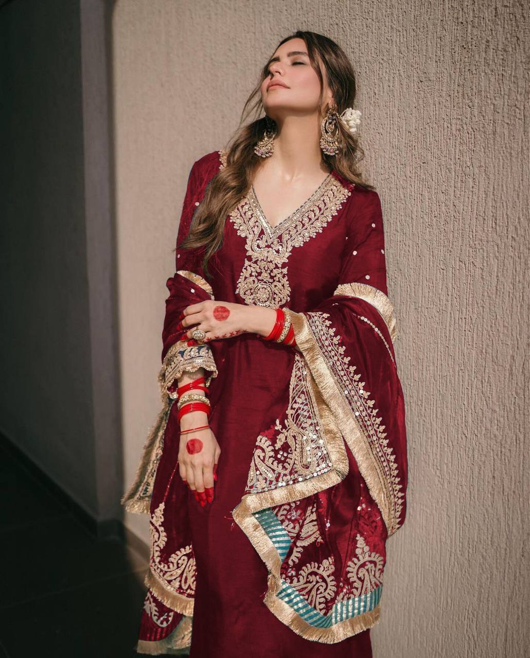 Presenting Maroon Palazzo Suit With Heavy Work Dupatta