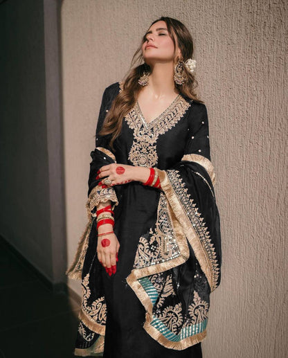 Presenting Black Palazzo Suit With Heavy Work Dupatta