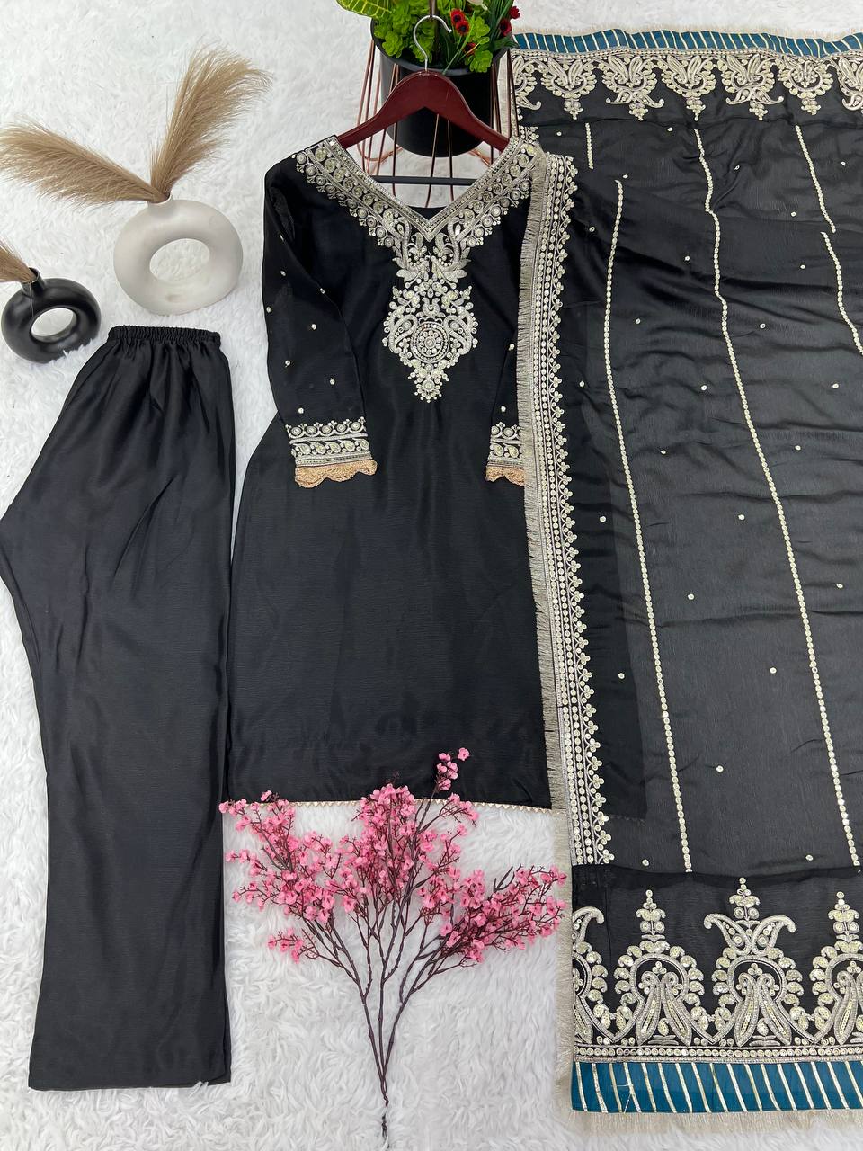 Presenting Black Palazzo Suit With Heavy Work Dupatta