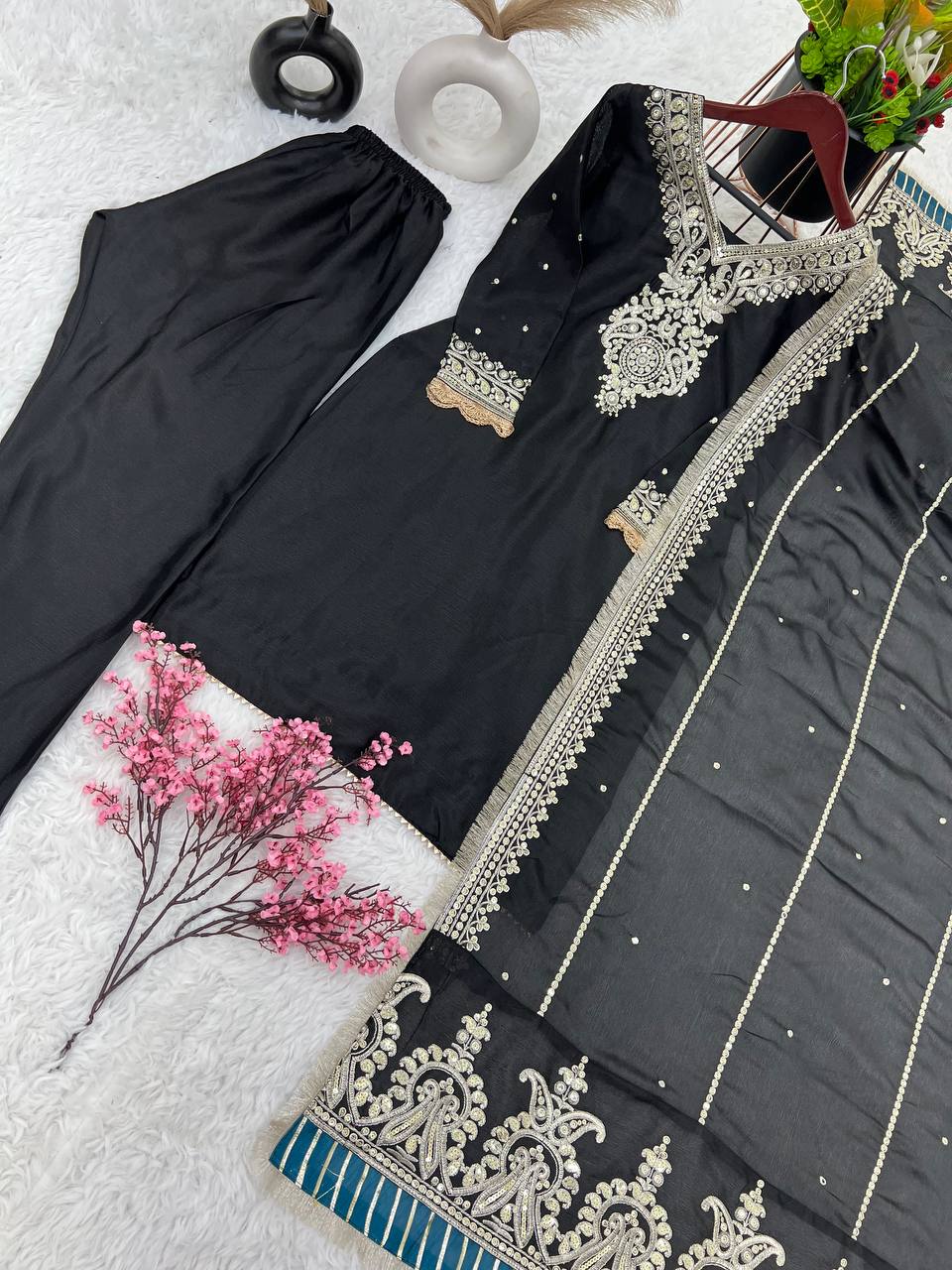 Presenting Black Palazzo Suit With Heavy Work Dupatta