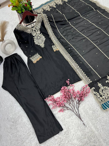 Presenting Black Palazzo Suit With Heavy Work Dupatta