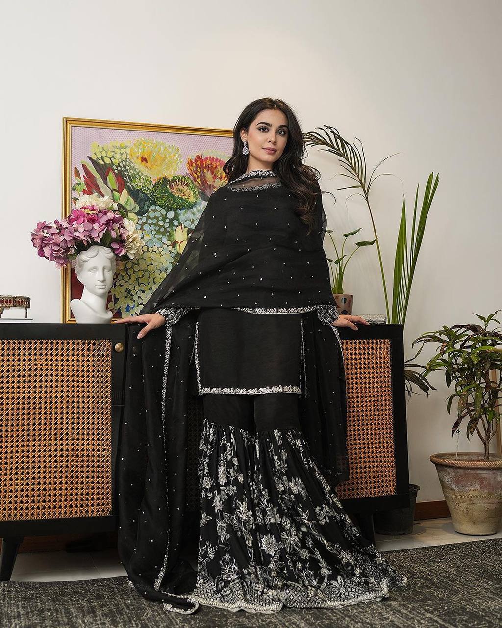 Black Color Embroidery Sequence Work Sharara Suit