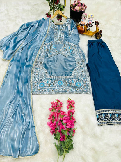 Gorgeous Sky Blue Fancy Work Palazzo Suit