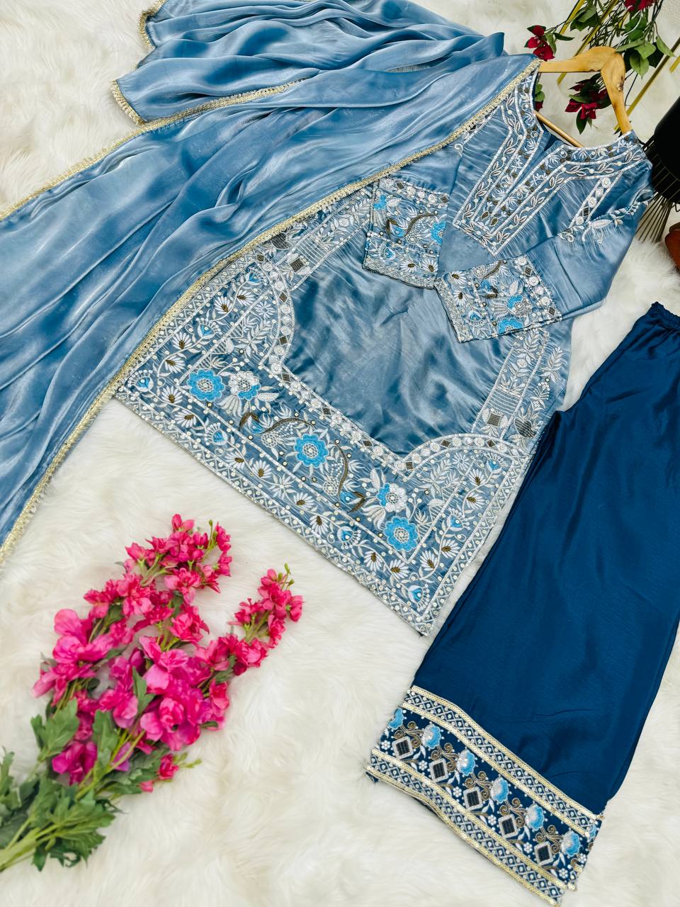 Gorgeous Sky Blue Fancy Work Palazzo Suit