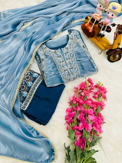 Gorgeous Sky Blue Fancy Work Palazzo Suit