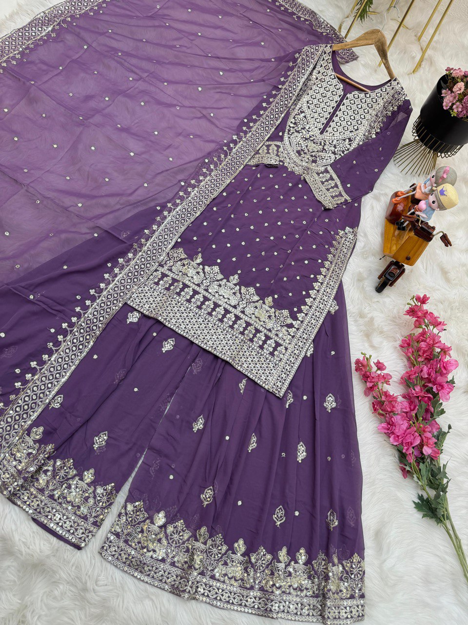 Festive Wear Sequence Work Lavender Georgette Sharara Suit