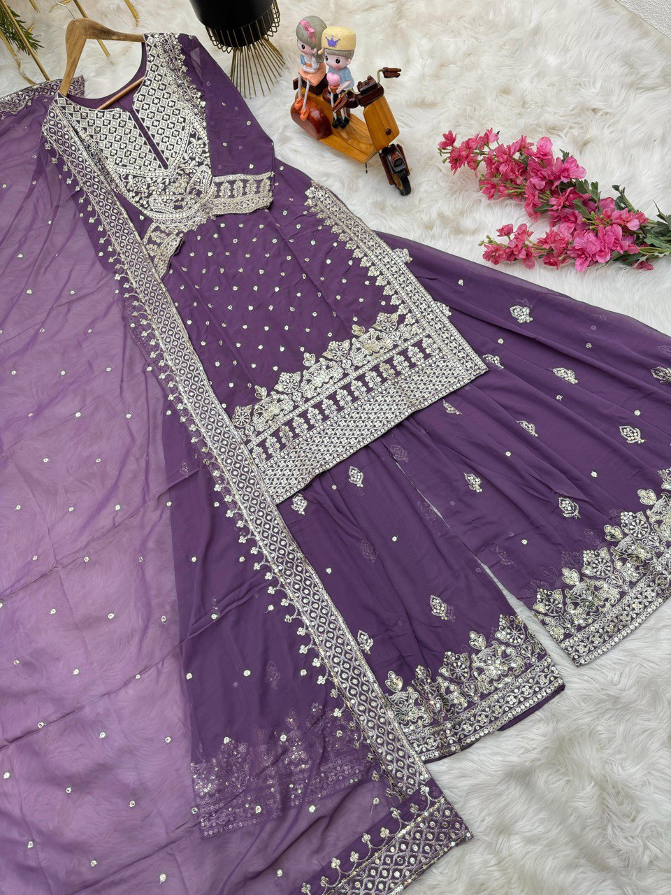 Festive Wear Sequence Work Lavender Georgette Sharara Suit