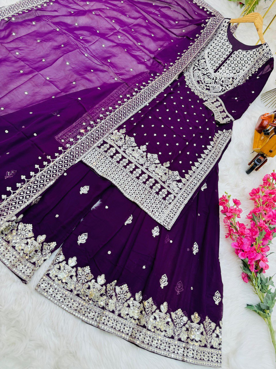 Festive Wear Sequence Work Purple Georgette Sharara Suit