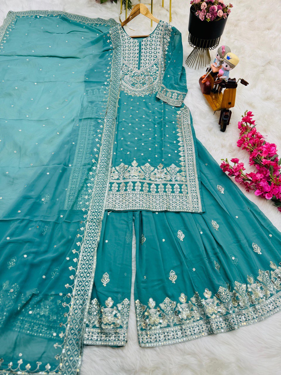 Festive Wear Sequence Work Sky Blue Georgette Sharara Suit