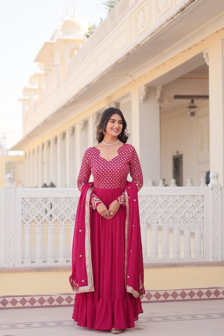 Shining Multi Embroidery Work Pink Color Gown