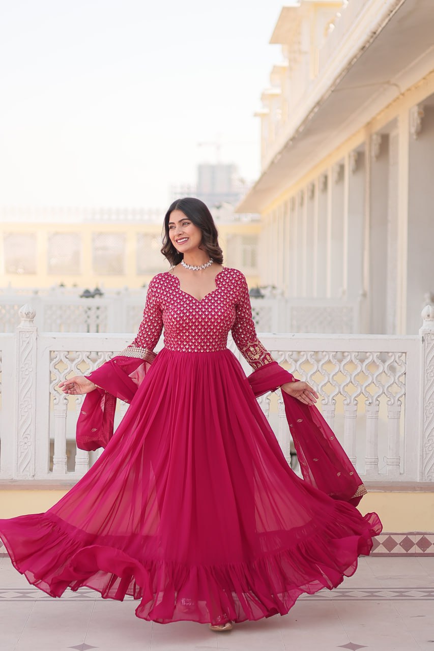 Shining Multi Embroidery Work Pink Color Gown