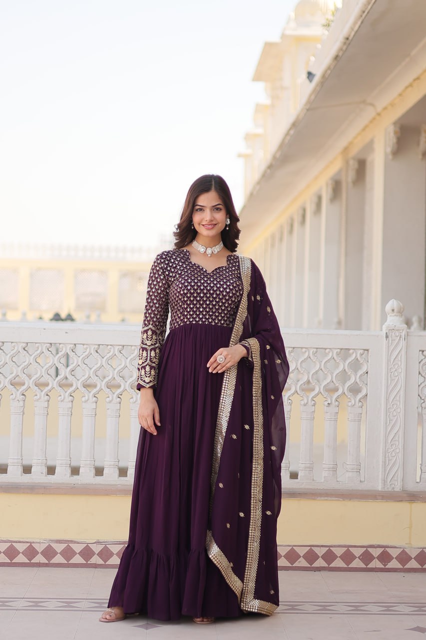 Shining Multi Embroidery Work Wine Color Gown