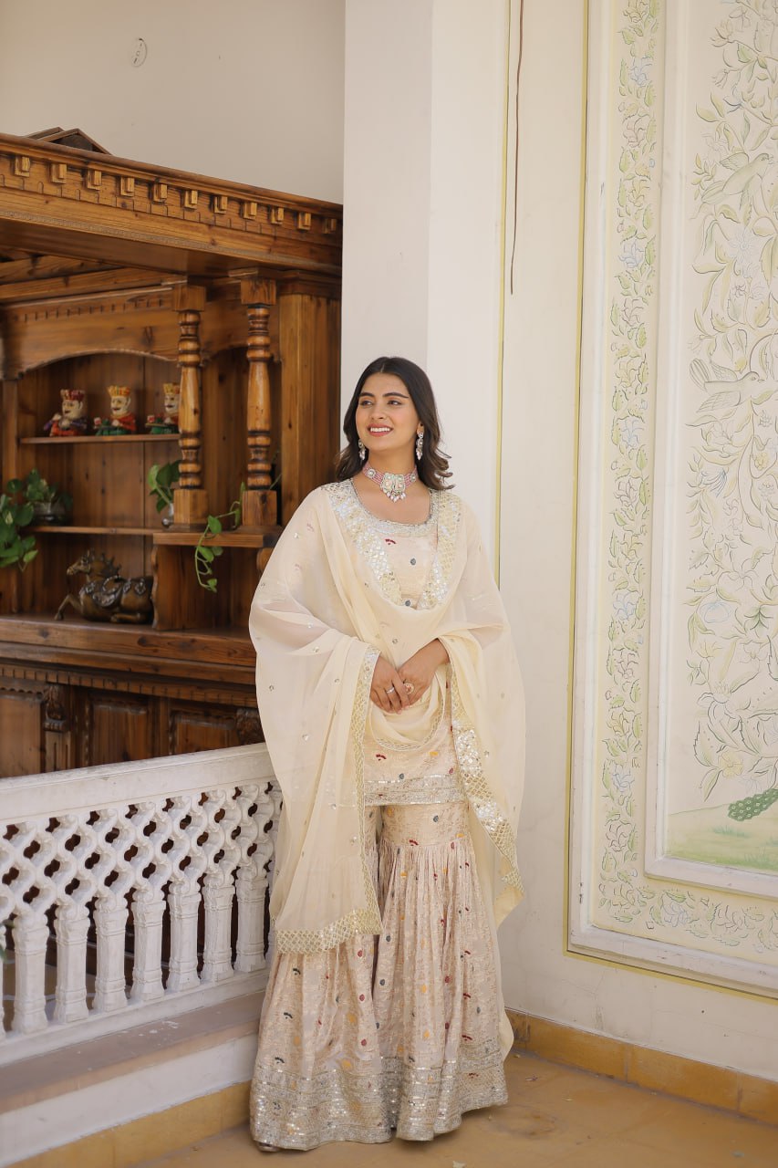 Latest Off White Jacquard Sequence Work Sharara Suit