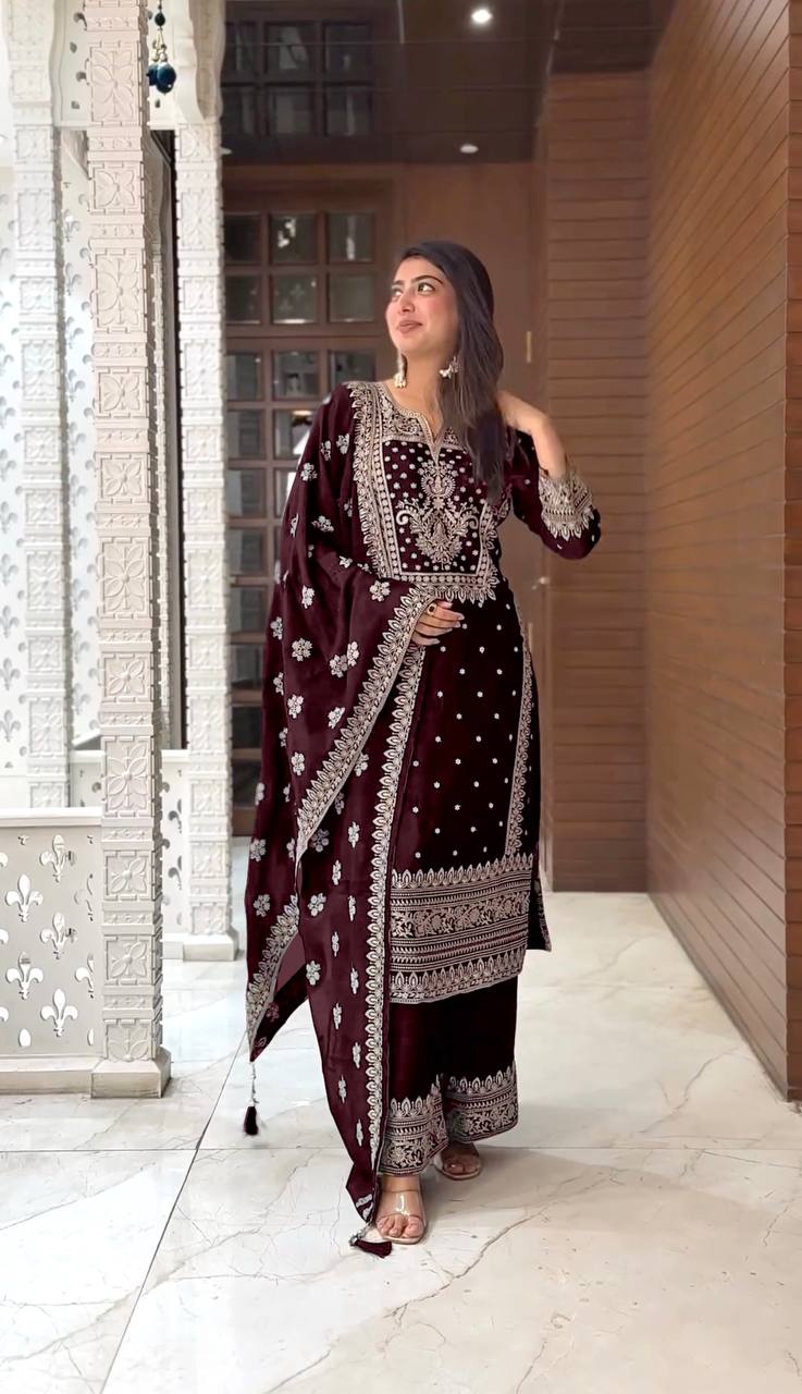 Brown Color Embroidery Sequence Work Palazzo Suit