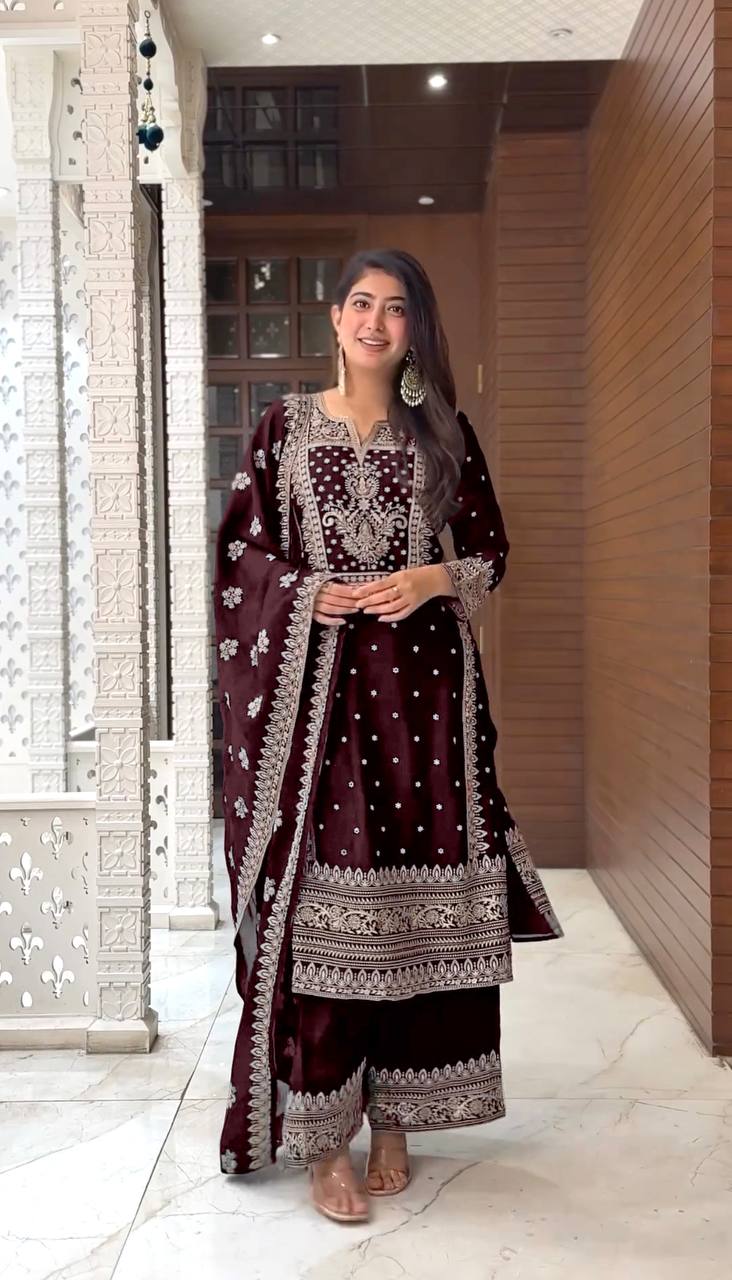 Brown Color Embroidery Sequence Work Palazzo Suit