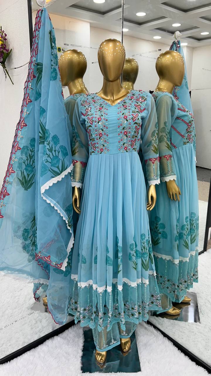 Festive Wear Digital Print With Work Sky Blue Anarkali Suit