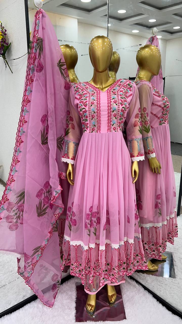 Festive Wear Digital Print With Work Pink Anarkali Suit