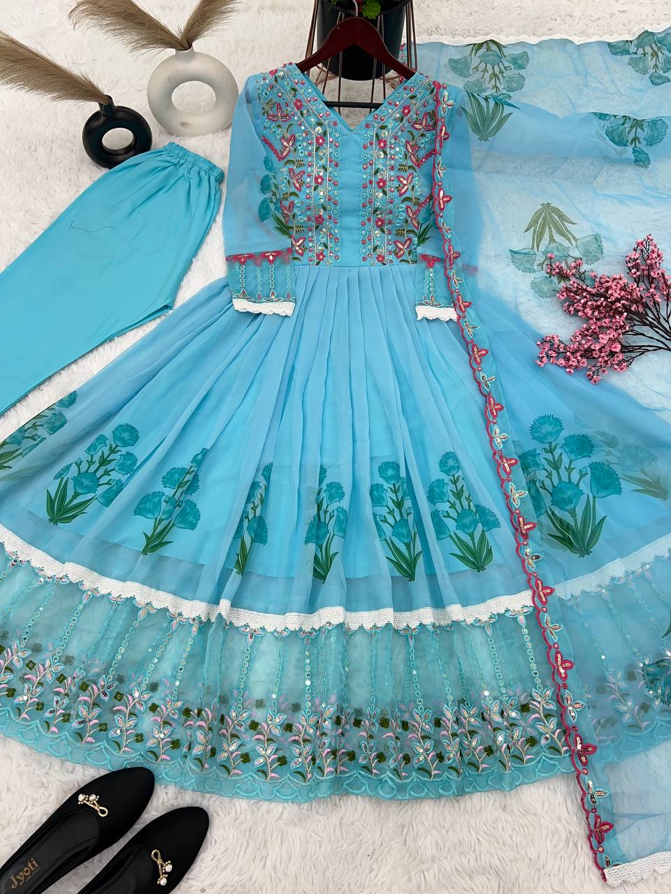 Festive Wear Digital Print With Work Sky Blue Anarkali Suit