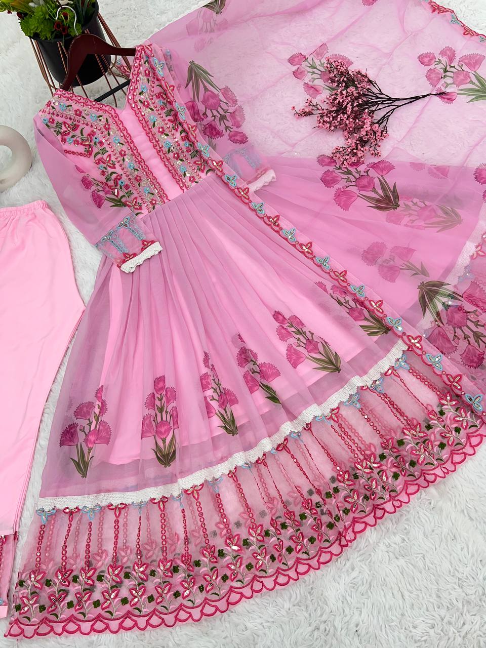 Festive Wear Digital Print With Work Pink Anarkali Suit